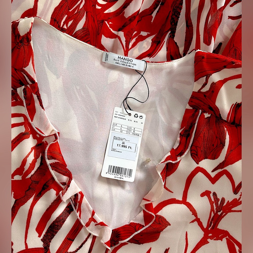 NWT Mango Suiting Red Floral V-Neck Sheer Long Sleeve Tunic Dress, Size 8 US - Picture 9 of 13